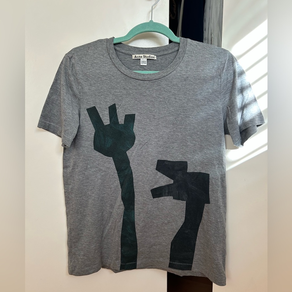 Acne Studios Vista Flower CM Gray Graphic T-Shirt with Dark Green Print